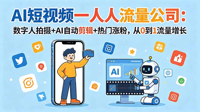 AI短视频一人流量公司：数字人拍摄+AI自动剪辑+热门涨粉，从0到1流量增长-吾爱云课堂