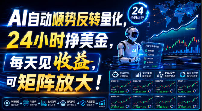 AI自动顺势反转量化，24小时挣美金，每天见收益，可矩阵放大！【揭秘】-吾爱云课堂