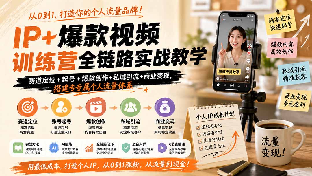 IP+爆款视频训练营全链路实战教学；赛道定位+起号+爆款创作+私域引流+商业变现，搭建专属个人流量体系-吾爱云课堂