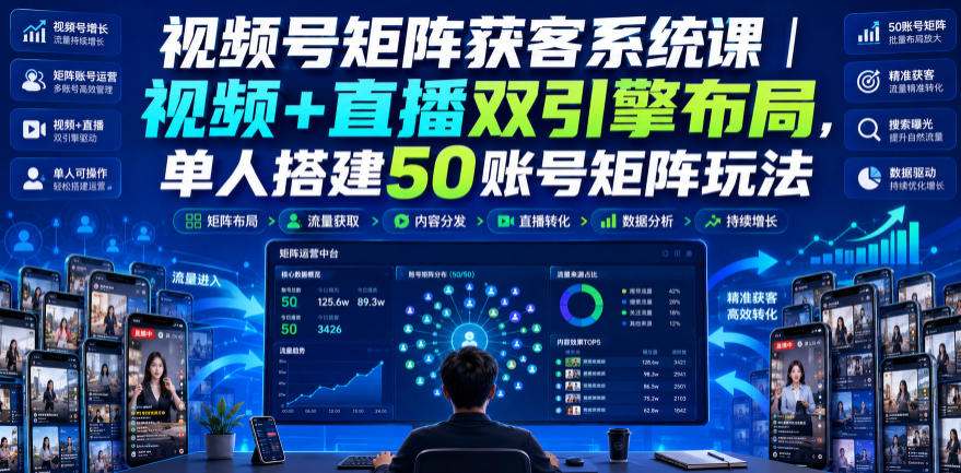 视频号矩阵获客系统课｜视频+直播双引擎布局，单人搭建50账号矩阵玩法，流量入池、搜索占位、全域引流沉淀私域全流程教学-吾爱云课堂
