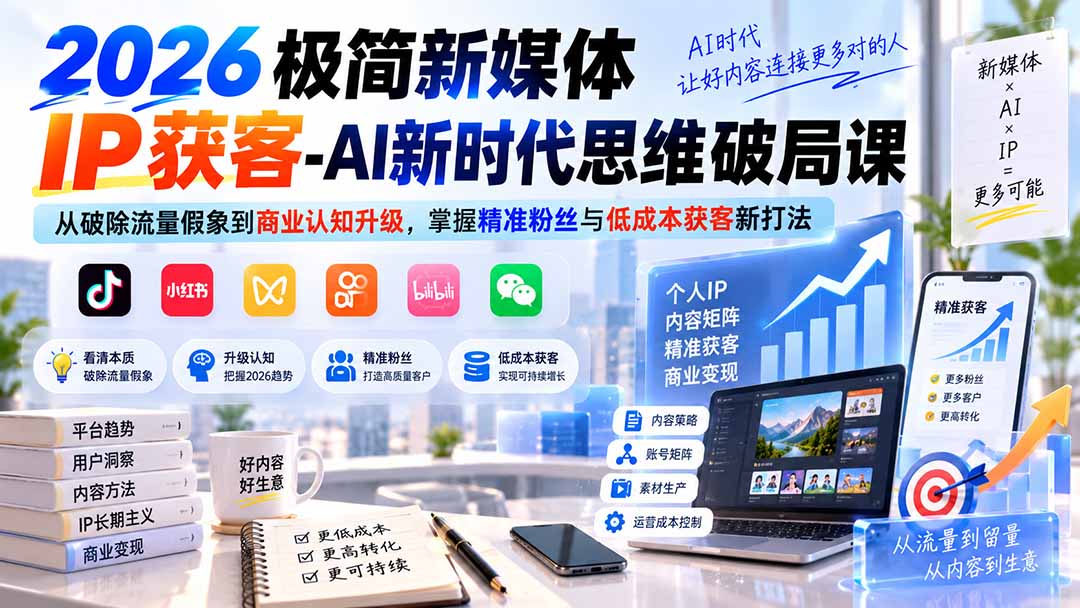 2026极简新媒体IP获客-AI新时代思维破局课：从破除流量假象到商业认知升级，掌握精准粉丝与低成本获客新打法-吾爱云课堂