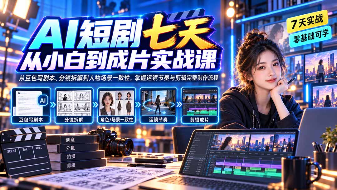AI短剧七天从小白到成片实战课：从豆包写剧本、分镜拆解到人物场景一致性，掌握运镜节奏与剪辑完整制作流程-吾爱云课堂
