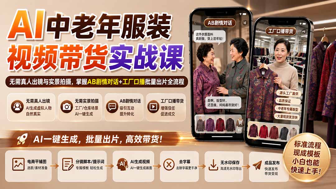AI中老年服装视频带货实战课：无需真人出镜与实景拍摄，掌握AB剧情对话+工厂口播批量出片全流程-吾爱云课堂