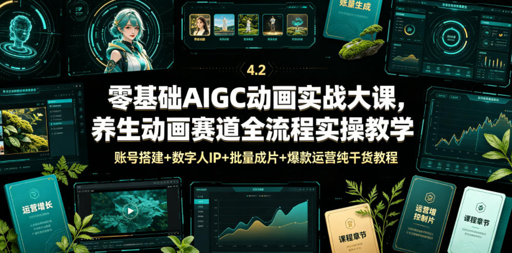 零基础AIGC动画实战大课，养生动画赛道全流程实操教学，账号搭建+数字人IP+批量成片+爆款运营纯干货教程-吾爱云课堂