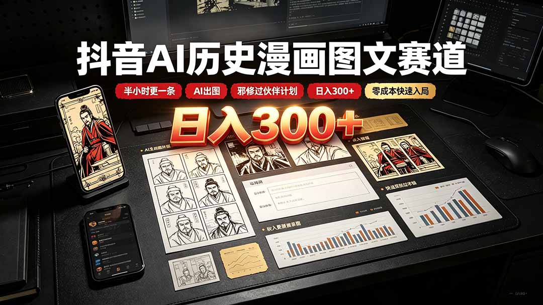 抖音AI历史漫画图文赛道：半小时更一条×AI出图×邪修过伙伴计划×日入300+，零成本快速入局-吾爱云课堂