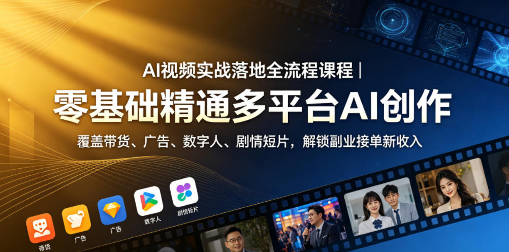AI视频实战落地全流程课程｜零基础精通多平台AI创作，覆盖带货、广告、数字人、剧情短片，解锁副业接单新收入-吾爱云课堂