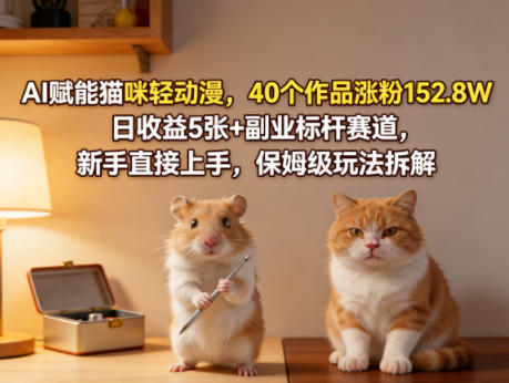AI赋能猫咪轻动漫，40个作品涨粉152.8W，日收益5张+副业标杆赛道，新手直接上手，保姆级玩法拆解-吾爱云课堂