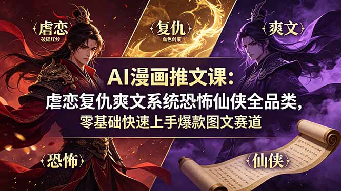 AI漫画推文课：虐恋复仇爽文系统恐怖仙侠全品类，零基础快速上手爆款图文赛道-吾爱云课堂