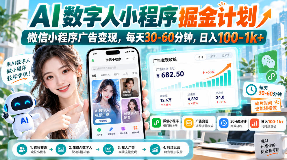 【无水印】AI数字人小程序掘金计划，微信小程序广告变现，每天30‑60分钟，日入100‑1k+-吾爱云课堂