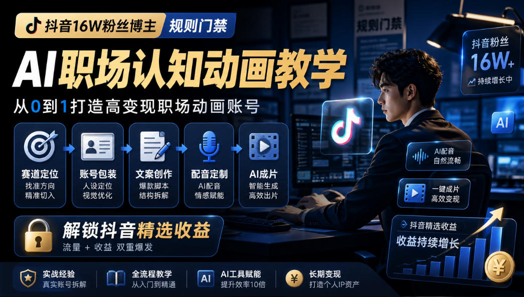 抖音16W粉丝博主规则门禁的AI职场认知动画教学，从赛道定位、账号包装，到文案创作、配音定制、AI成片，解锁抖音精选收益-吾爱云课堂