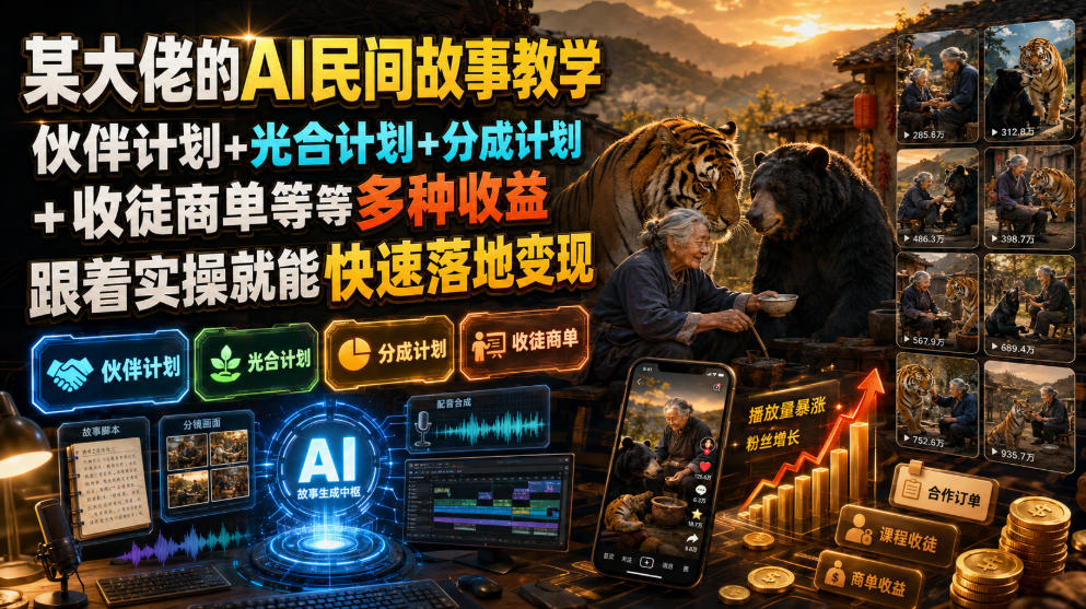 某大佬的AI民间故事教学，伙伴计划+光合计划+分成计划+收徒商单等多种收益，跟着实操就能快速落地变现-吾爱云课堂