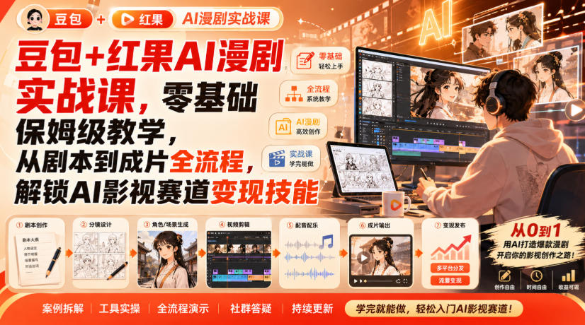 豆包+红果AI漫剧实战课，零基础保姆级教学，从剧本到成片全流程，解锁AI影视赛道变现技能-吾爱云课堂