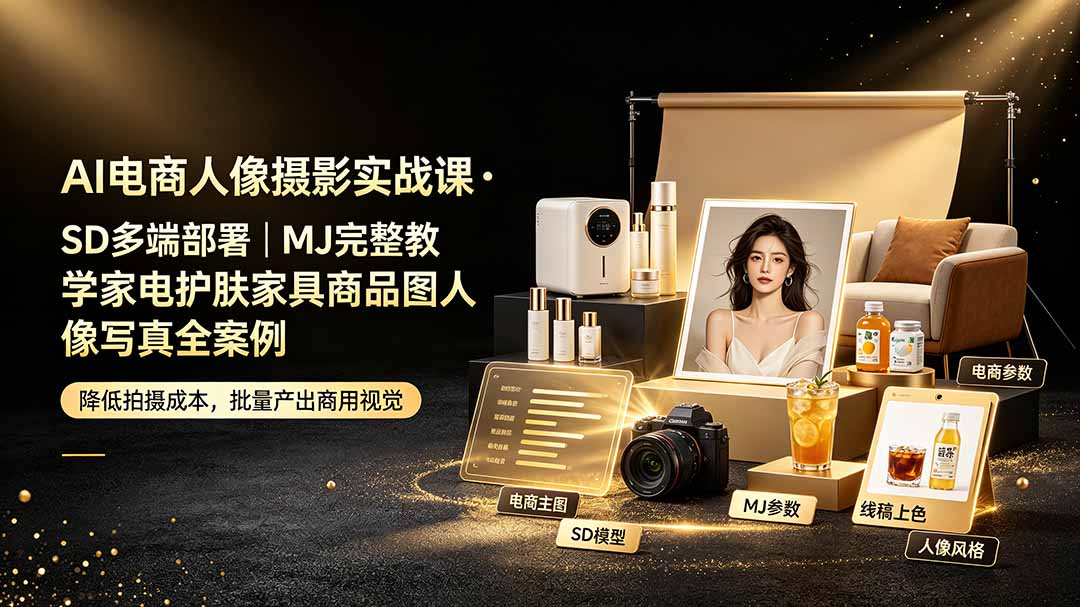 AI电商人像摄影实战课·SD多端部署｜MJ完整教学｜家电护肤家具商品图人像写真全案例-吾爱云课堂
