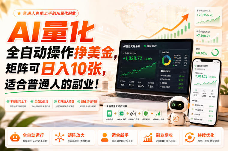 AI量化全自动操作挣美金，矩阵可日入10张，适合普通人的副业！【揭秘】-吾爱云课堂