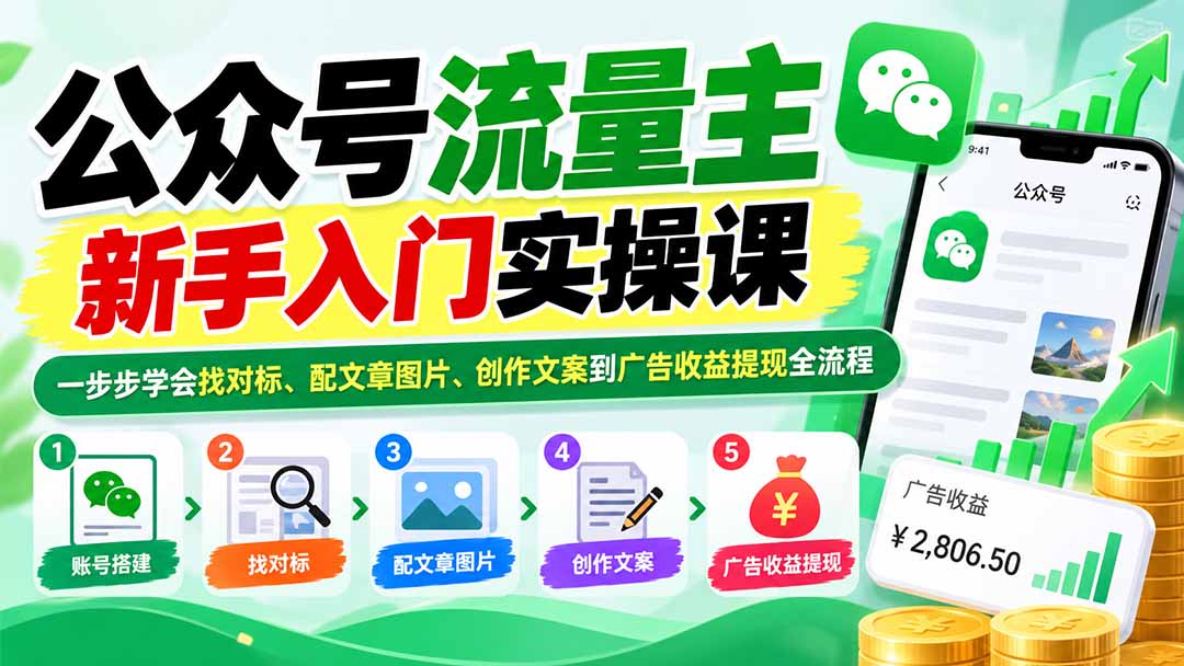 公众号流量主新手入门实操课：一步步学会找对标、配文章图片、创作文案到广告收益提现全流程-吾爱云课堂