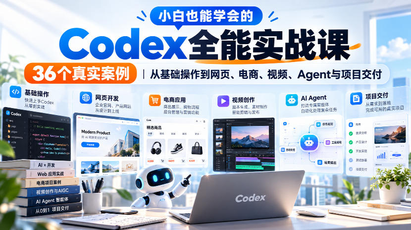 小白也能学会的Codex全能实战课｜36个真实案例，从基础操作到网页、电商、视频、Agent与项目交付-吾爱云课堂