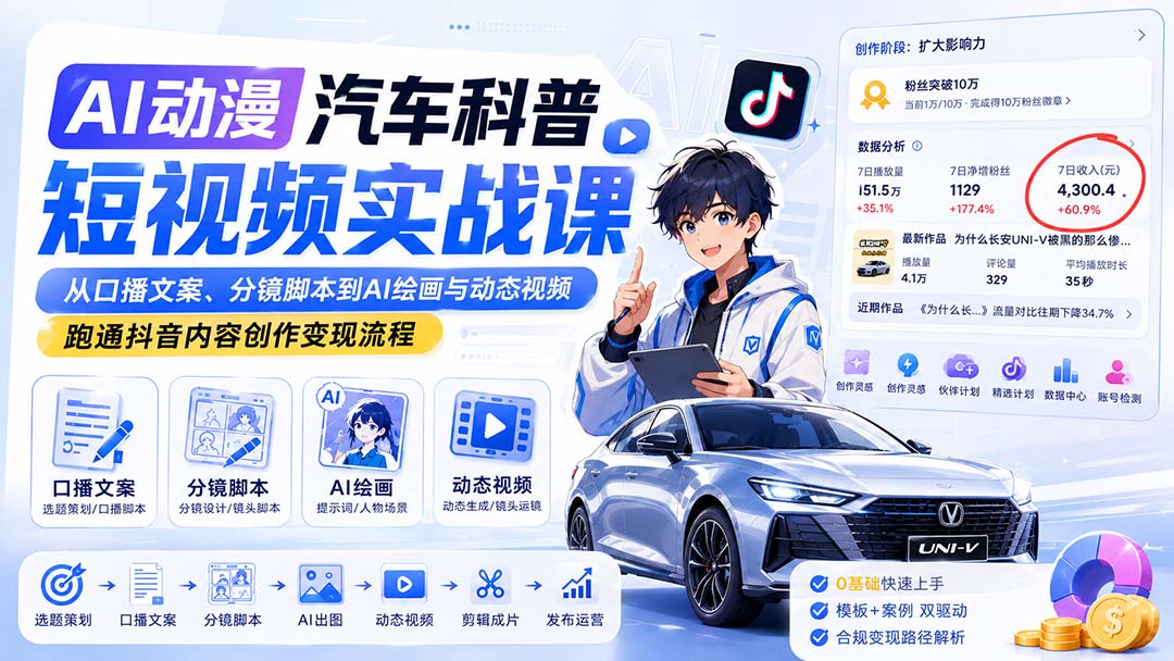 AI动漫汽车科普短视频实战课：从口播文案、分镜脚本到AI绘画与动态视频，跑通抖音内容创作变现流程-吾爱云课堂