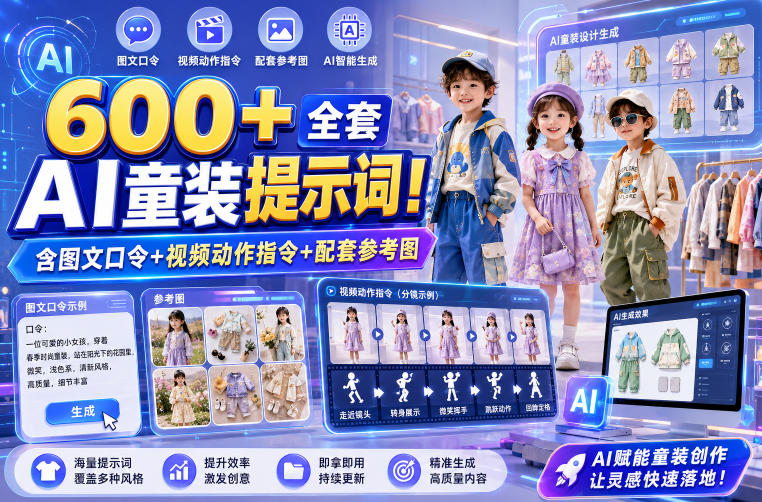 600+全套AI童装提示词！含图文口令+视频动作指令+配套参考图，Word-Excel规整分类，童装电商、种草无脑量产内容！-吾爱云课堂