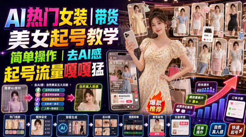 AI热门女装带货丨美女起号教学，简单操作，去AI感，起号流量嘎嘎猛-吾爱云课堂