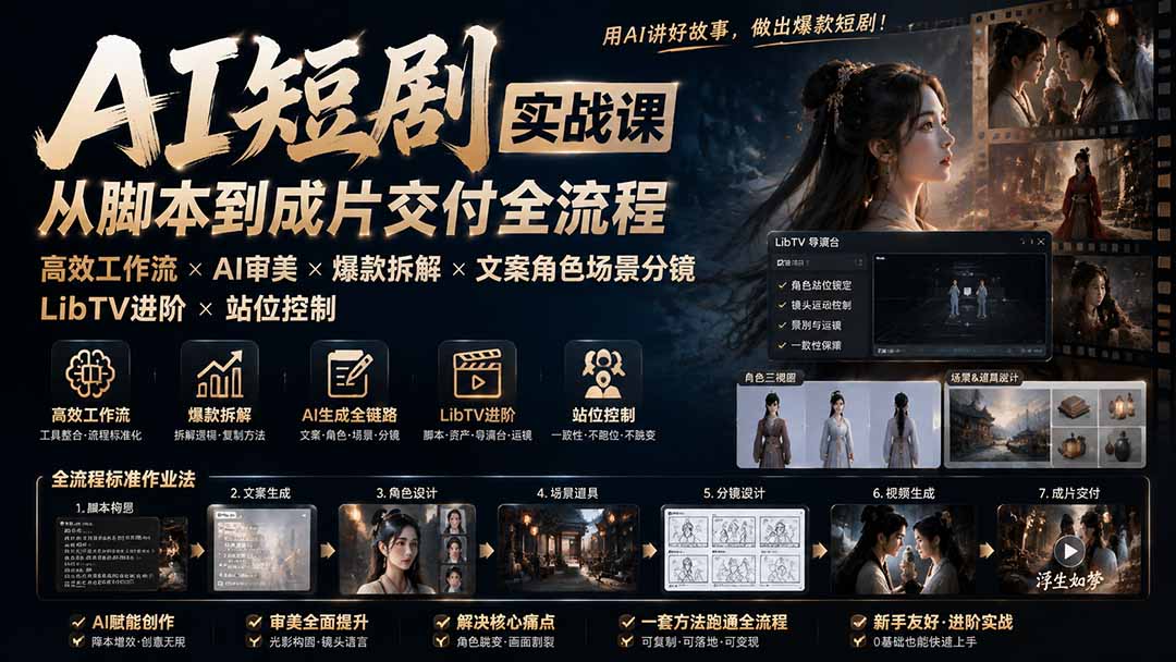 AI短剧实战课：高效工作流×AI审美×爆款拆解×文案角色场景分镜×LibTV进阶×站位控制×从脚本到成片交付全流程-吾爱云课堂