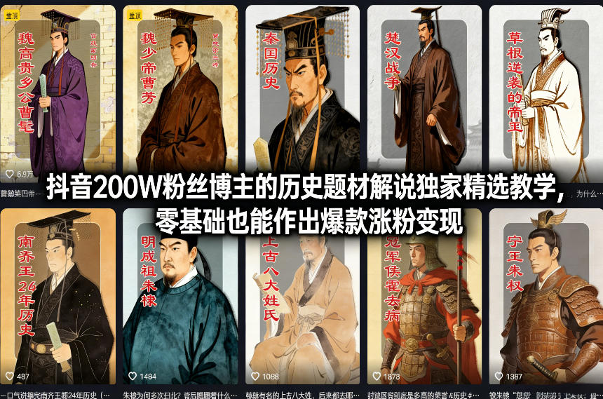 抖音200W粉丝博主的历史题材解说独家精选教学，零基础也能作出爆款涨粉变现-吾爱云课堂