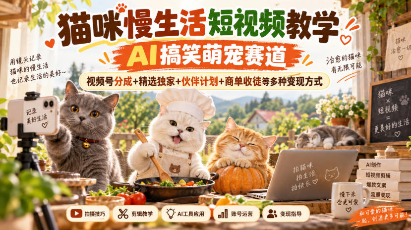 猫咪慢生活短视频教学，AI搞笑萌宠赛道，视频号分成+精选独家+伙伴计划+商单收徒等多种变现方式-吾爱云课堂