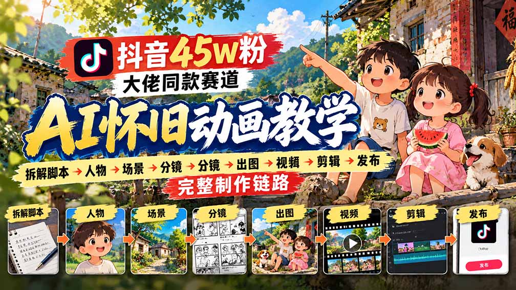 抖音45W粉大佬同款赛道AI怀旧动画教学：拆解脚本→人物→场景→分镜→出图→视频→剪辑→发布完整制作链路-吾爱云课堂
