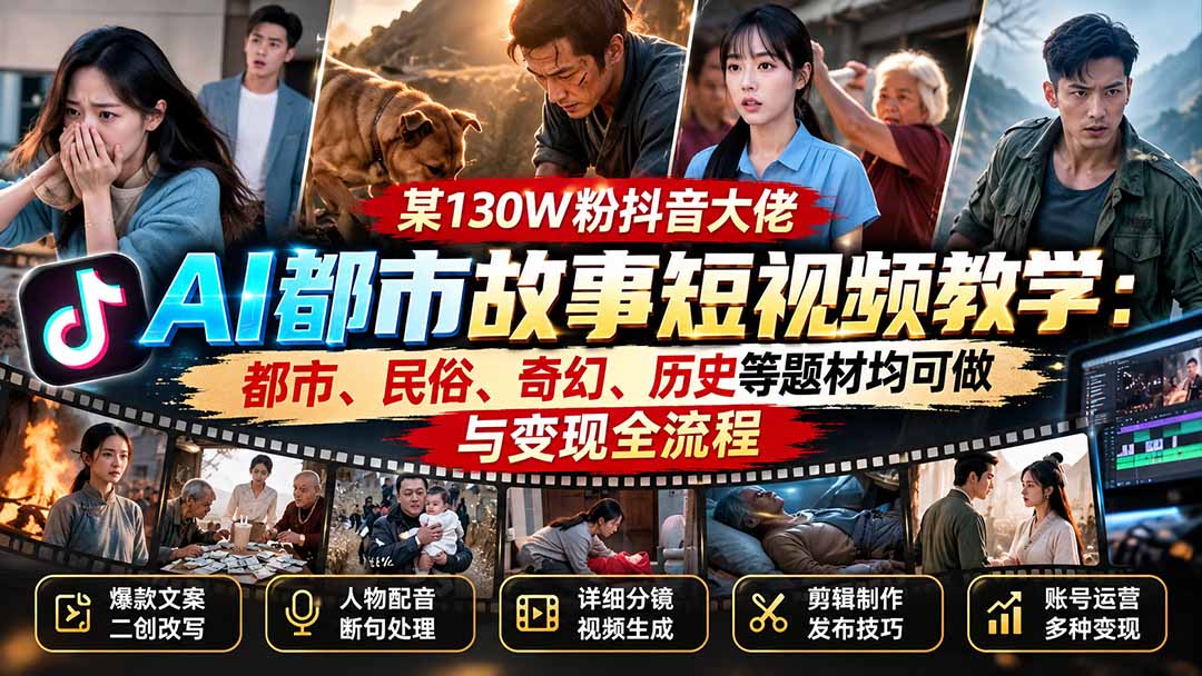 某130W粉抖音大佬AI都市故事短视频教学：都市、民俗、奇幻、历史等题材均可做与变现全流程-吾爱云课堂