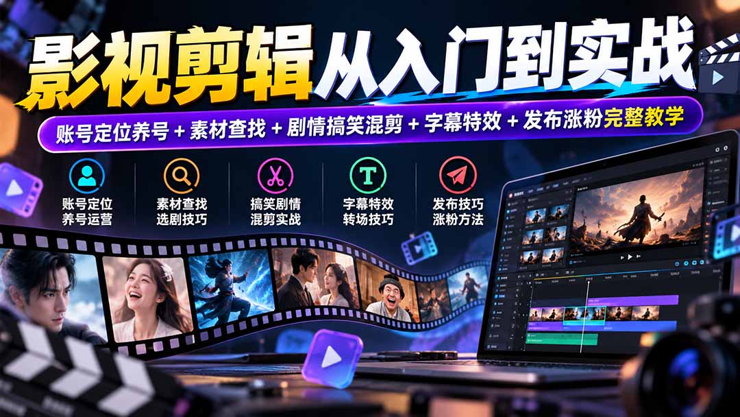 影视剪辑从入门到实战：账号定位养号+素材查找+剧情搞笑混剪+字幕特效+发布涨粉完整教学-吾爱云课堂
