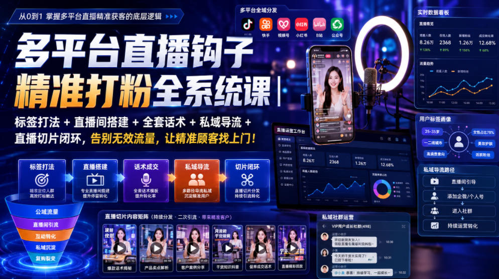 多平台直播钩子精准打粉全系统课｜标签打法+直播间搭建+全套话术+私域导流+直播切片闭环，告别无效流量，让精准顾客找上门！-吾爱云课堂