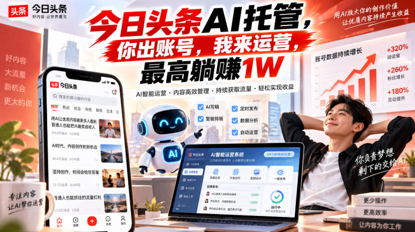 今日头条AI托管，你出账号，我来运营，最高躺賺1W【揭秘】-吾爱云课堂