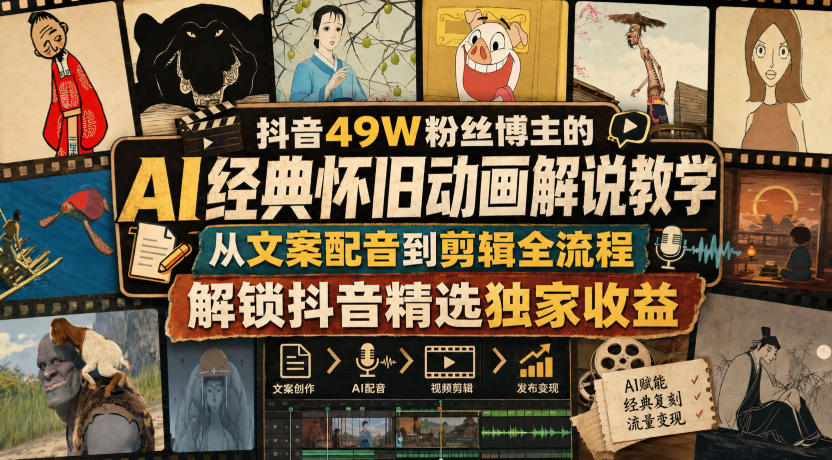 抖音49W粉丝博主的AI经典怀旧动画解说教学，从文案配音到剪辑全流程，解锁抖音精选独家收益-吾爱云课堂