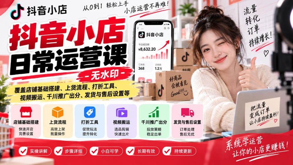 抖音小店日常运营课-无水印,覆盖店铺基础搭建、上货流程、打折工具、视频搬运、千川推广出分、发货与售后设置等-吾爱云课堂