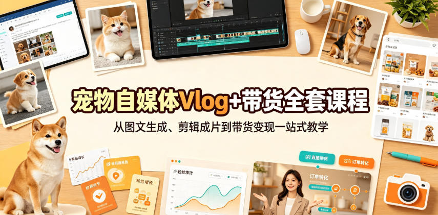 宠物自媒体Vlog+带货全套课程｜从图文生成、剪辑成片到带货变现一站式教学-吾爱云课堂