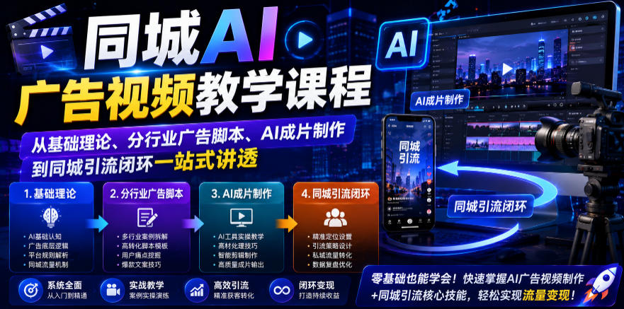 同城AI广告视频教学课程，从基础理论、分行业广告脚本、AI成片制作到同城引流闭环一站式讲透-吾爱云课堂