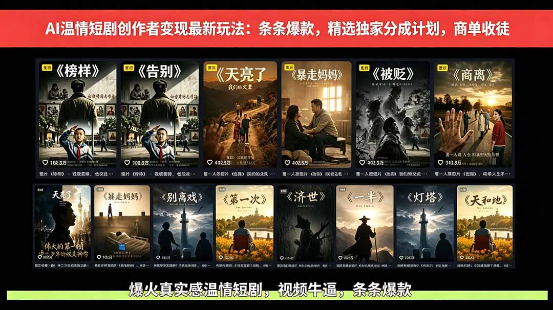 AI温情短剧创作者变现最新玩法：视频牛逼，条条爆款，精选独家分成计划，商单收徒-吾爱云课堂