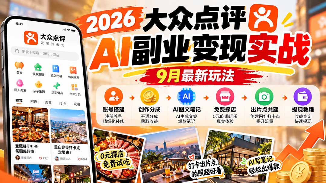 2026大众点评AI副业变现实战9月最新玩法：账号搭建+创作分成+AI图文笔记+免费探店+出片点共建与提现教程-吾爱云课堂