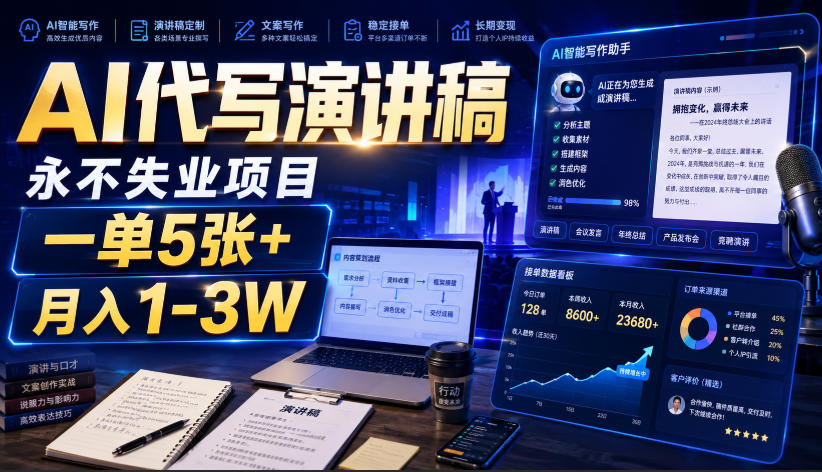 AI代写演讲稿，永不失业项目，一单5张+，月入1-3W【揭秘】-吾爱云课堂