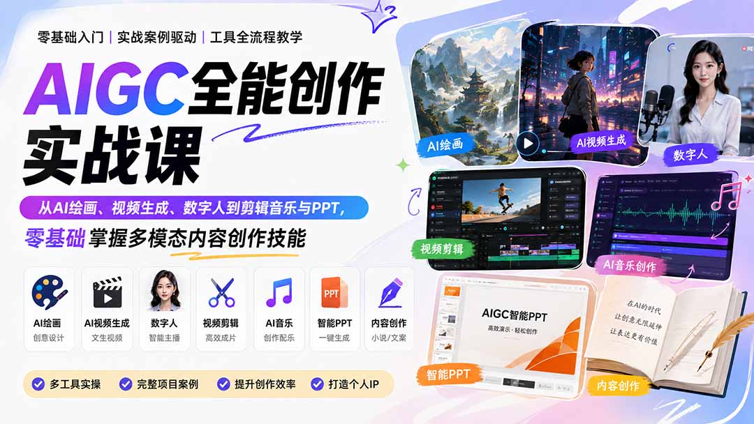 AIGC全能创作实战课：从AI绘画、视频生成、数字人到剪辑音乐与PPT，零基础掌握多模态内容创作技能-吾爱云课堂