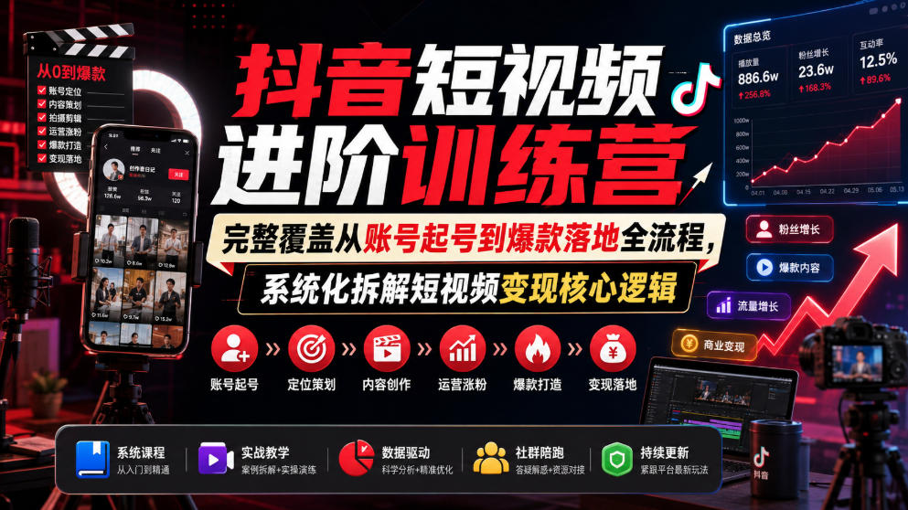 抖音短视频进阶训练营，完整覆盖从账号起号到爆款落地全流程，系统化拆解短视频变现核心逻辑-吾爱云课堂