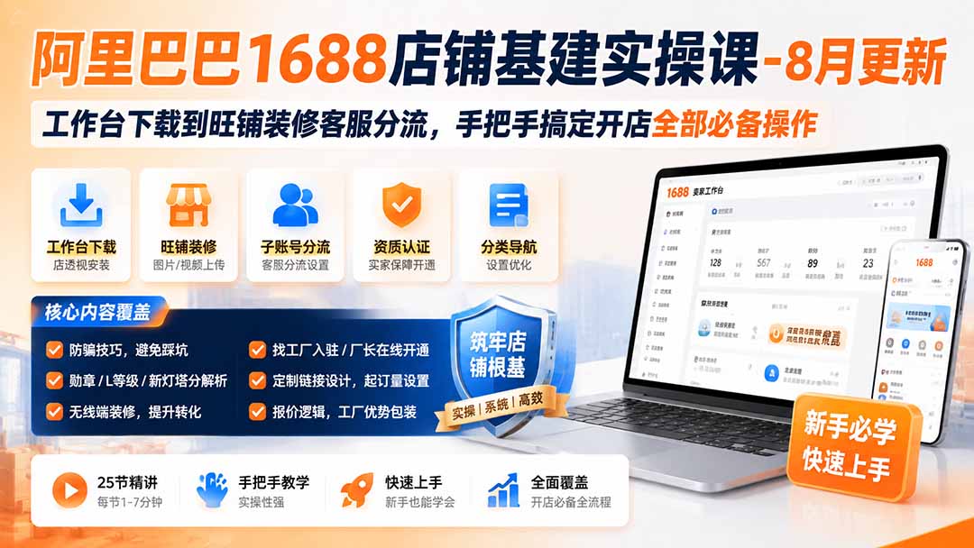阿里巴巴1688店铺基建实操课-8月更新；工作台下载到旺铺装修客服分流，手把手搞定开店全部必备操作-吾爱云课堂