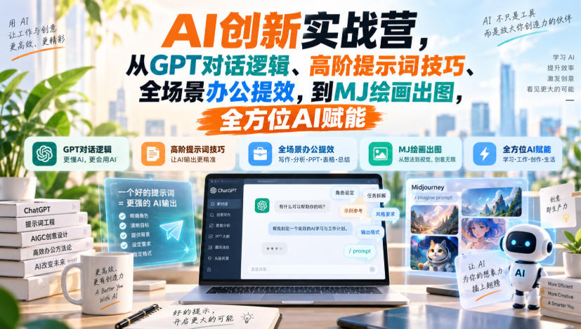 AI创新实战营，从GPT对话逻辑、高阶提示词技巧、全场景办公提效，到MJ绘画出图，全方位AI赋能-吾爱云课堂