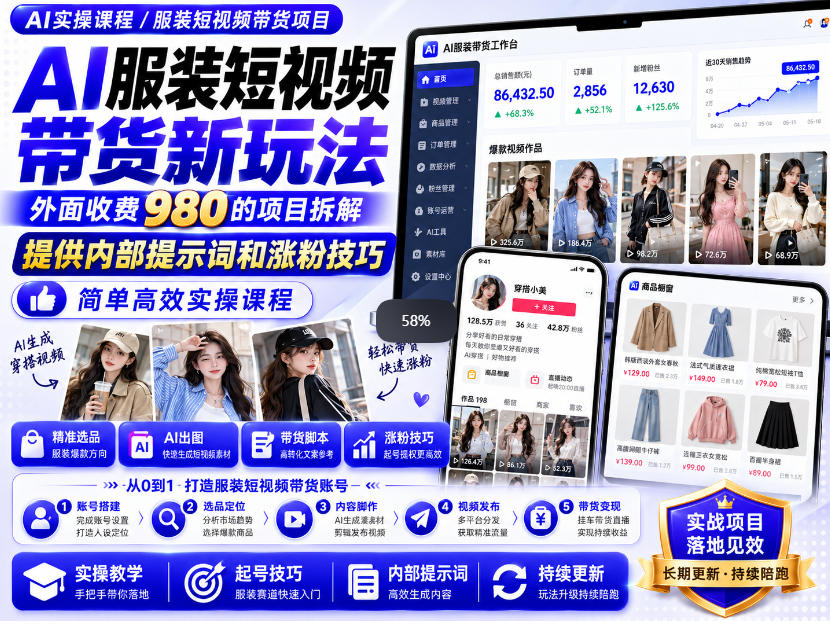 外面收费980AI快手带货系统课程，内部课程首次外放，操作简单高效，一分钟一条爆款视频-吾爱云课堂