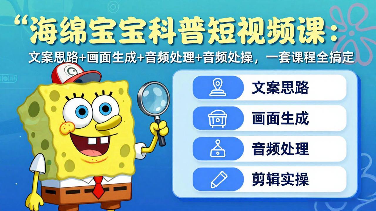 海绵宝宝科普短视频课：文案思路+画面生成+音频处理+剪辑实操，一套课程全搞定-吾爱云课堂