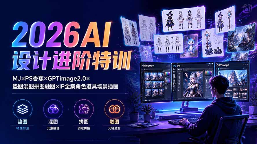 2026AI设计进阶特训：MJ×PS香蕉×GPTimage2.0×垫图混图拼图融图×IP全案角色道具场景插画-吾爱云课堂