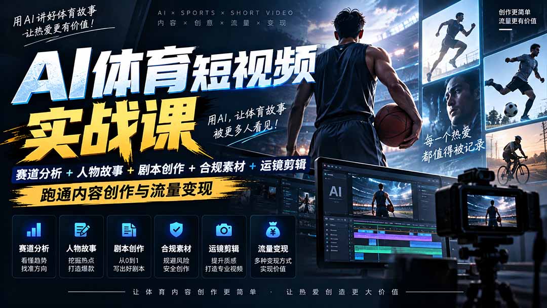 AI体育短视频赛道顶级玩法｜赛道分析+人物故事+剧本创作+版权处理+运镜剪辑，跑通流量变现-日赚1K+-吾爱云课堂