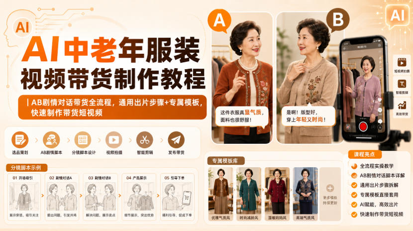 AI中老年服装视频带货制作教程｜AB剧情对话带货全流程，通用出片步骤+专属模板，快速制作带货短视频-吾爱云课堂