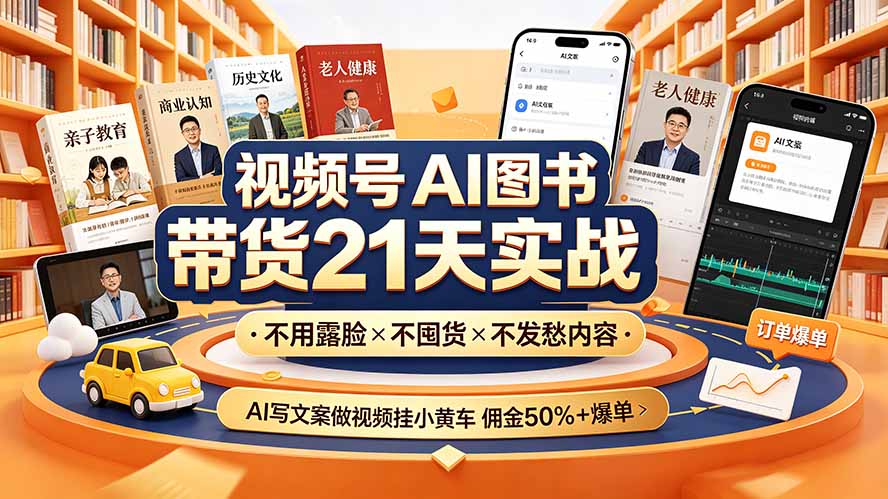 视频号AI图书带货21天实战:不用露脸×不囤货×不发愁内容,AI写文案做视频挂小黄车,佣金50%+爆单-吾爱云课堂