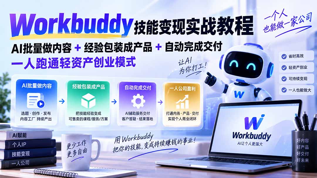 Workbuddy技能变现实战教程：AI批量做内容+经验包装成产品+自动完成交付，一人跑通轻资产创业模式-吾爱云课堂