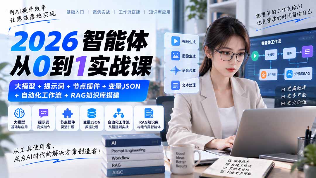 2026智能体从0到1实战课｜大模型+提示词+节点插件+变量JSON+自动化工作流+RAG知识库搭建-吾爱云课堂